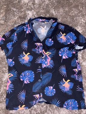 Men/Women’s Dutch Bros Short Sleeve Tropical Shirt -Black with Blue & Pink Print